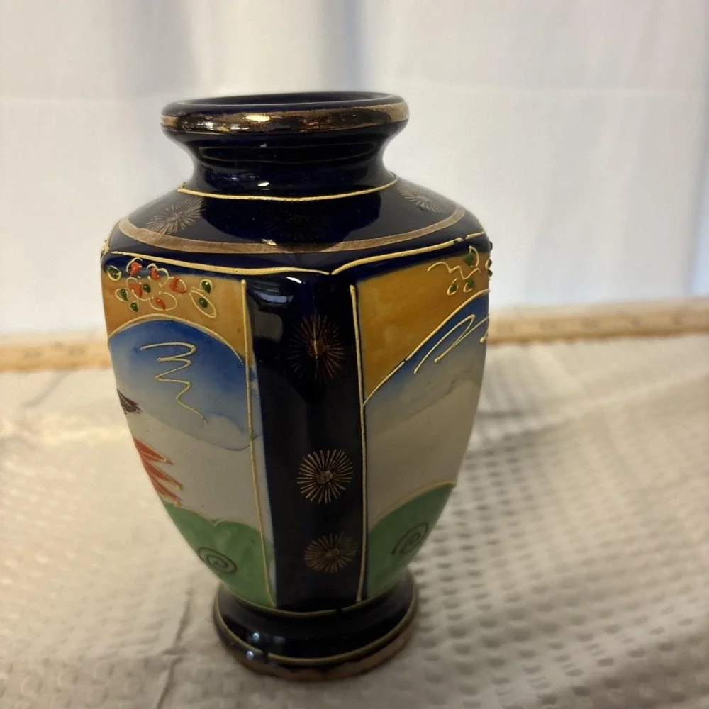 Vintage Cobalt Blue Japanese Satsuma Moriage 6